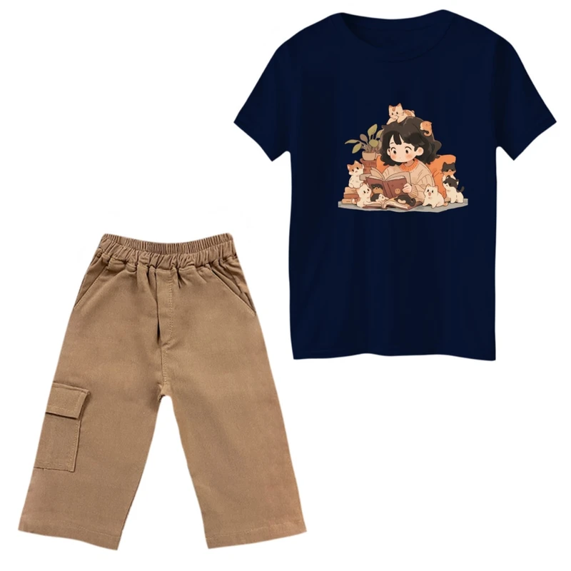 ست تی‌شرت و شلوارک دخترانه مدل دخترک و گربه ها