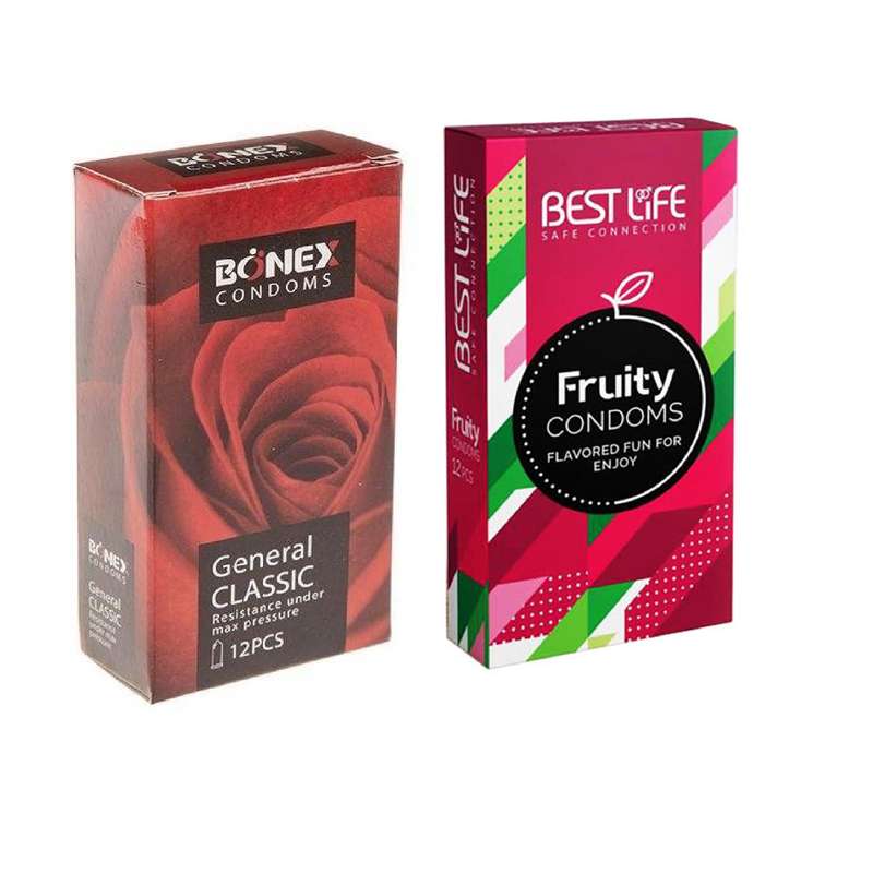 کاندوم بونکس مدل Pome Granate بسته 12 عددی به همراه کاندوم بست لایف مدل Fruity بسته 12 عددی