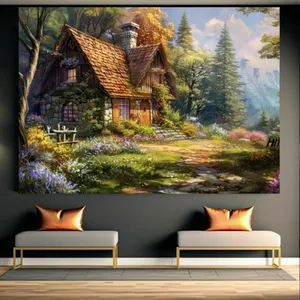 تابلو بوم طرح مخمل نقاشی خانه سنگی در طبیعت کد GR1109