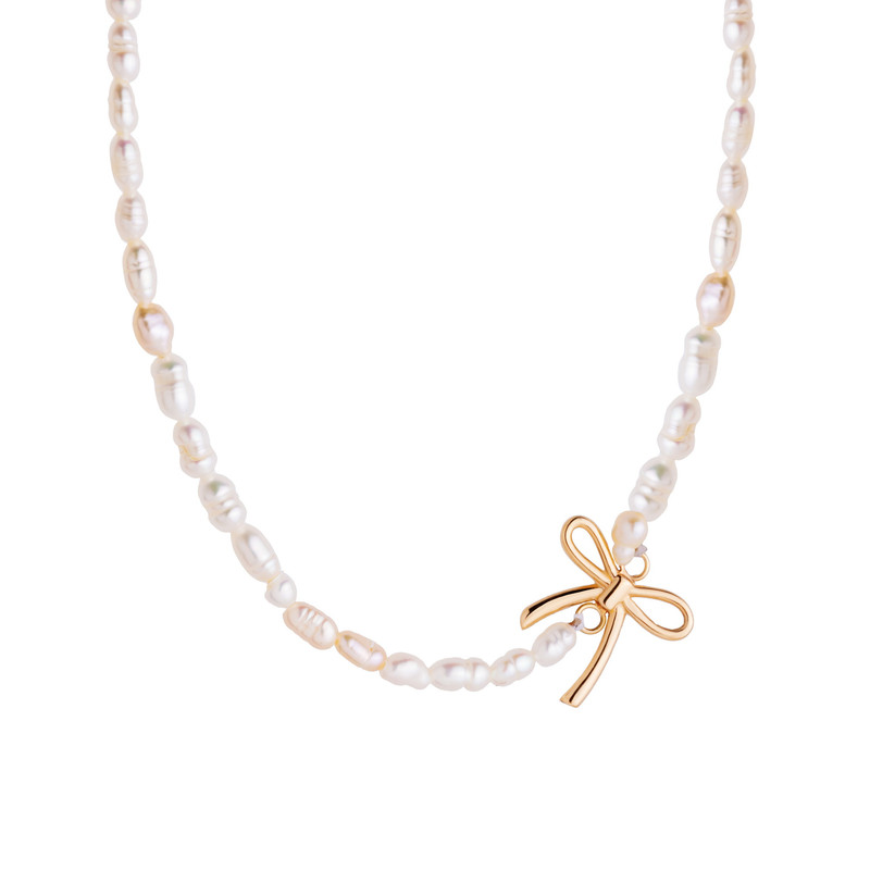 گردنبند طلا 18 عیار زنانه گالری شیدا مجد مدل پاپیون و مروارید ریز کج