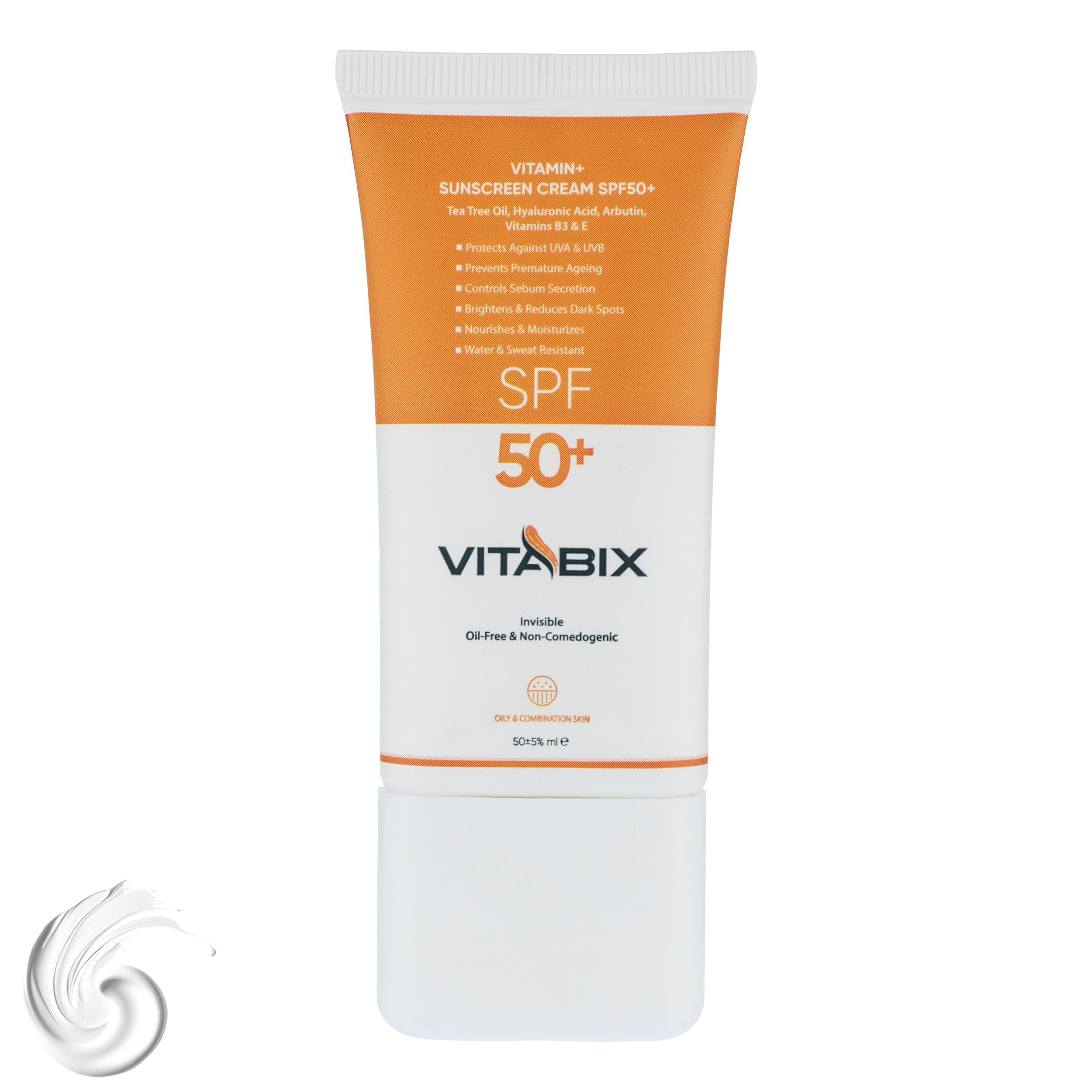 کرم ضد آفتاب بدون رنگ ویتابیکس SPF 50 مدل +Vitamin ‌مناسب پوست‌ چرب حجم 50 میلی‌لیتر محافظت‌کننده اشعه UVA و UVB، بدون تست حیوانی، با ماندگاری 2 ساعته