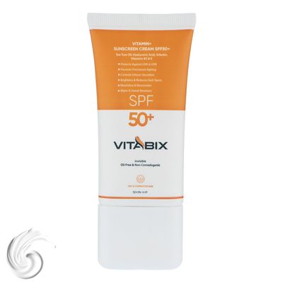 کرم ضد آفتاب بدون رنگ ویتابیکس SPF 50 مدل +Vitamin ‌مناسب پوست‌ چرب حجم 50 میلی‌لیتر محافظت‌کننده اشعه UVA و UVB، بدون تست حیوانی، با ماندگاری 2 ساعته
