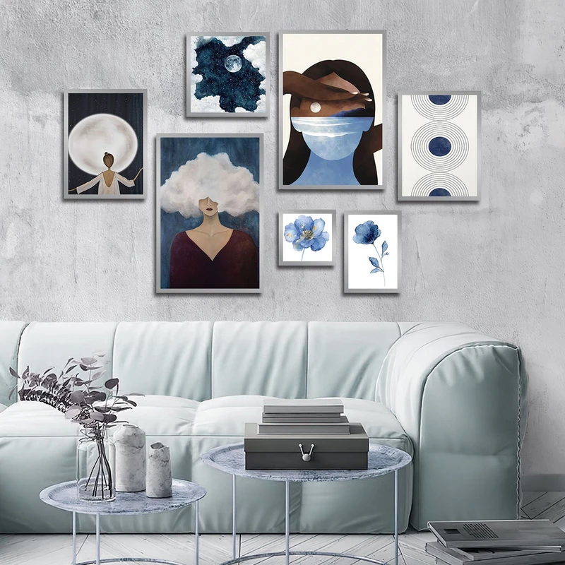 تابلو بکلیت طرح نقاشی مینیمال چهره و ماه و گل مدل SI-3024 مجموعه 7 عددی