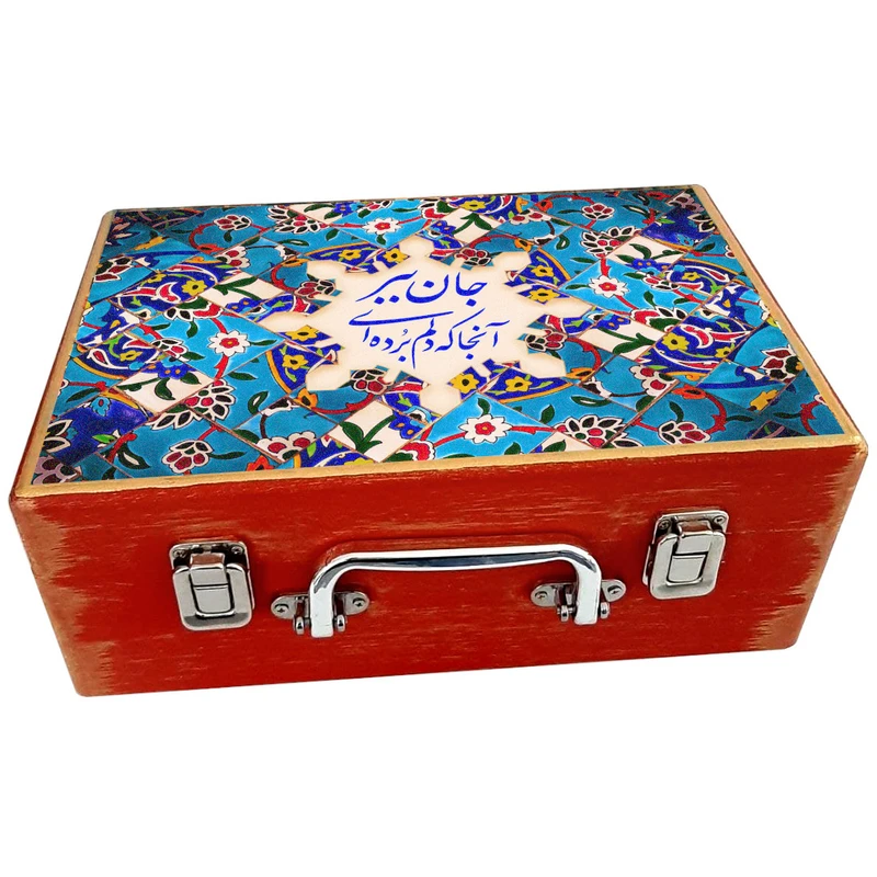جعبه هدیه چوبی مدل چمدان طرح کاشی سنتی کد WS125