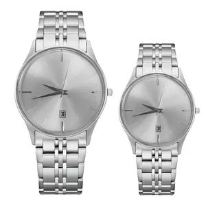 ست ساعت مچی عقربه‌ای کوارتز زنانه و مردانه مدل کلاسیک بند فلزی تقویم دار کد ۱.۱ 