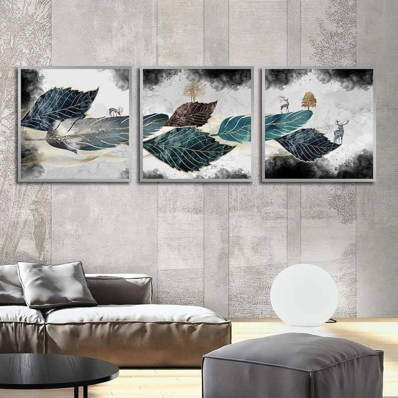 تابلو ساده بکلیت طرح نقاشی برگ و گوزن مدل شاین اکلیلی SI-2479 فریم نقره ای مجموعه 3 عددی