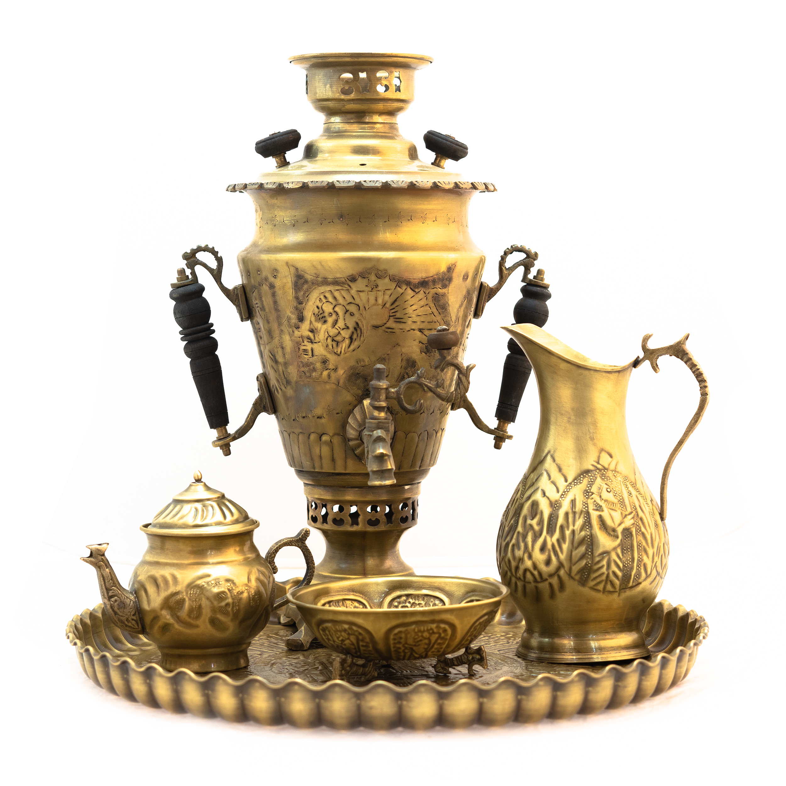 سرویس سماور ذغالی 5 پارچه برنجی مدل سوزنی کد 3306