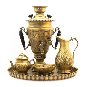 سرویس سماور ذغالی 5 پارچه برنجی مدل سوزنی کد 3306