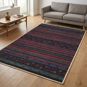 فرش ماشینی 1000 شانه اورکوم زمینه مشکی حاشیه قرمز طرح مینیمال تمنا کد OR.1123.01