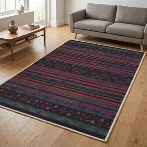 فرش ماشینی 1000 شانه اورکوم زمینه مشکی حاشیه قرمز طرح مینیمال تمنا کد OR.1123.01