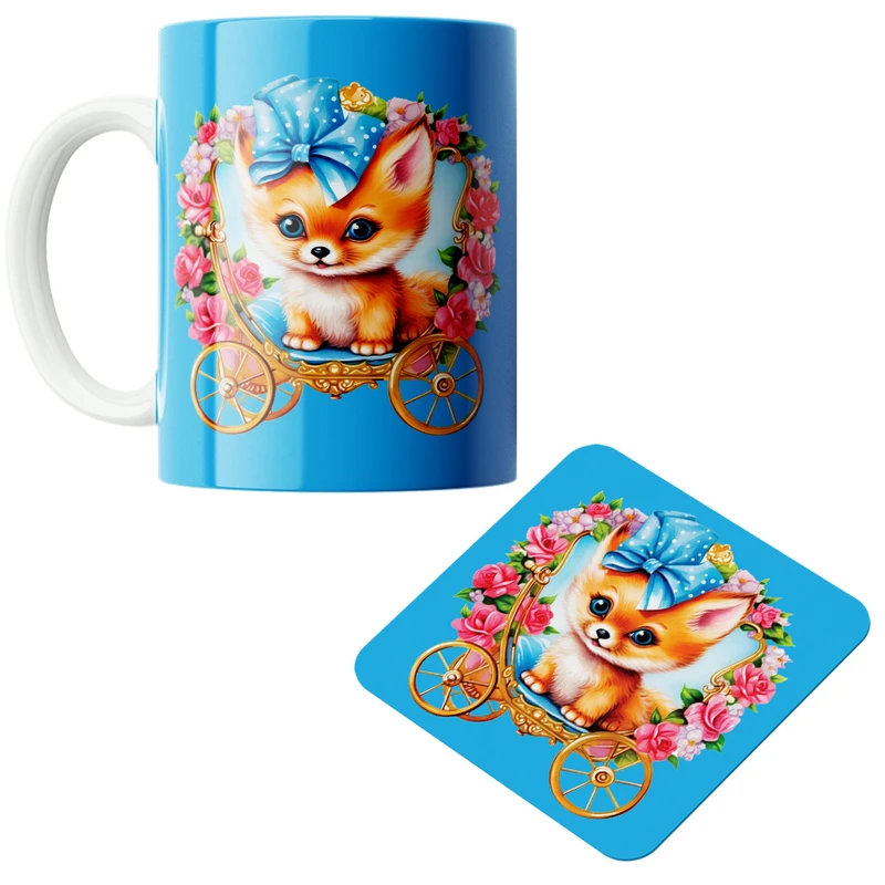 ماگ پاد آفرین مدل گربه روی کالسکه کد DKC397 به همراه زیر لیوانی