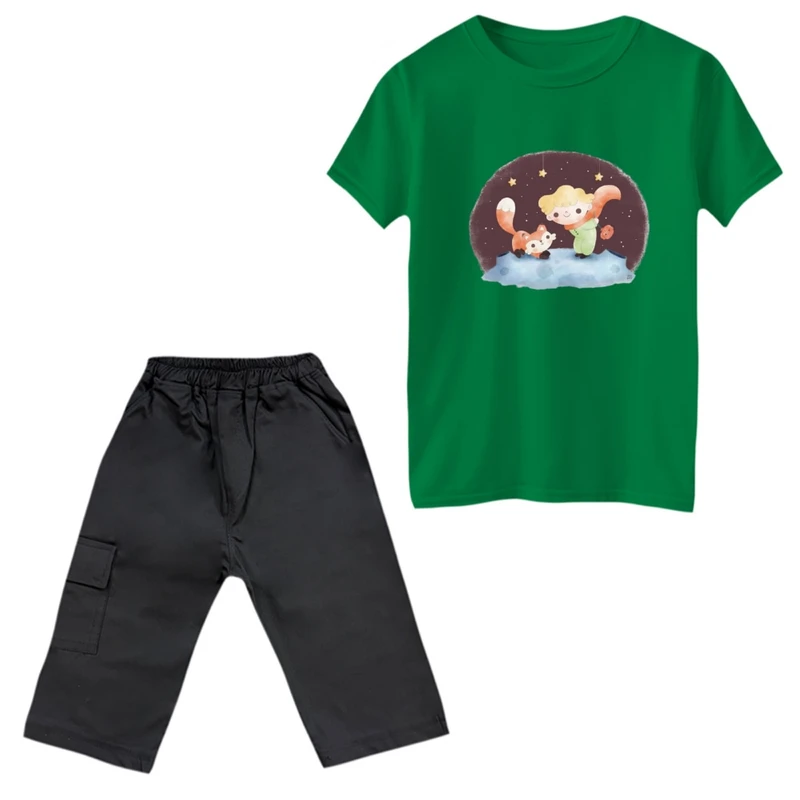 ست تی‌شرت و شلوارک پسرانه مدل شازده کوچولو شب رنگ سبز