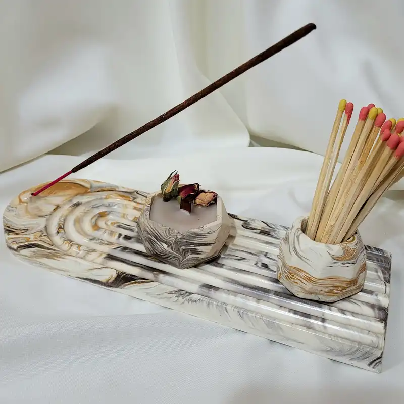 ست جاشمعی و جاعودی مدل رنگین کمان طرح ماربل گرد مجموعه 3 عددی