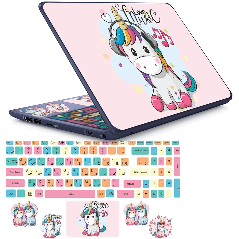 استیکر لپ تاپ مدل cute unicorn 05 مناسب برای لپ تاپ 15 تا 17 اینچ به همراه برچسب حروف فارسی کیبورد