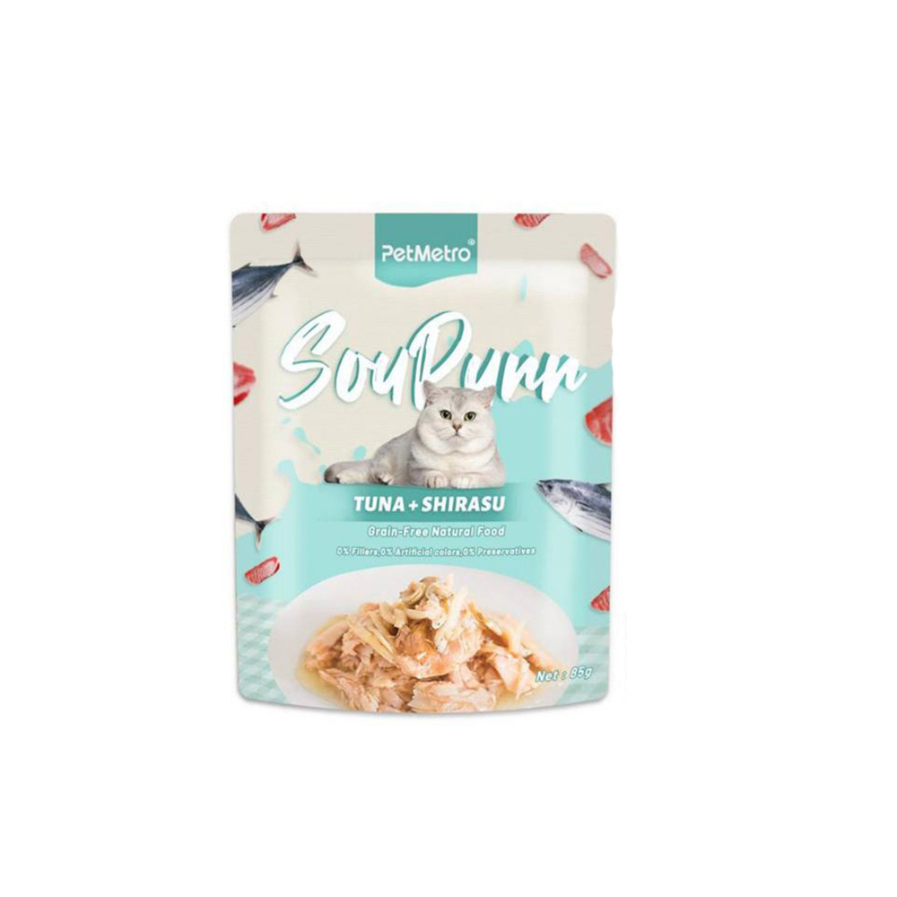 پوچ گربه پت مترو مدل سوپی طعم ماهی تن و میگو وزن 75 گرم