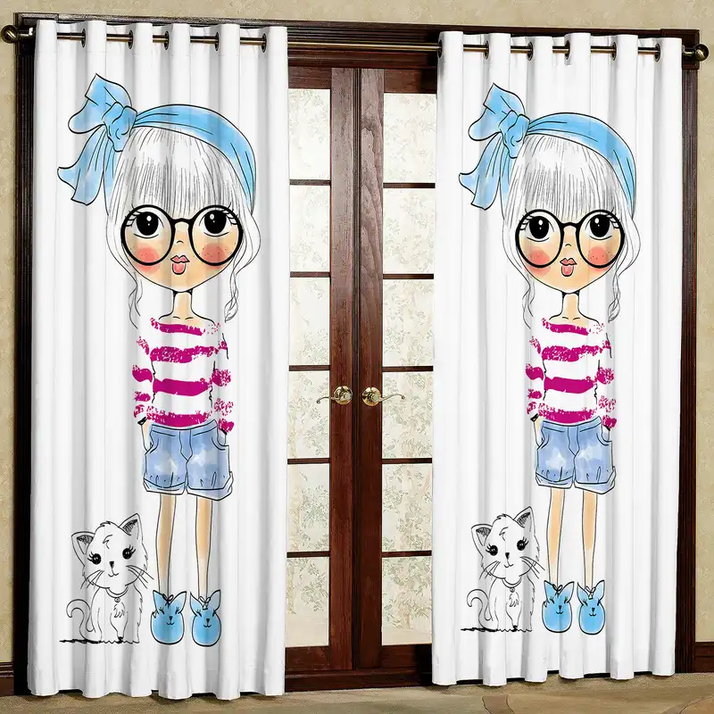 پرده مدل دختر و گربه مخمل پانچی کد 4138 سایز 200x140 سانتی متر