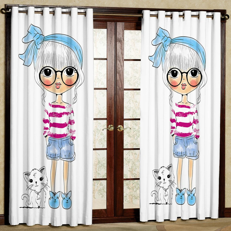 پرده مدل دختر و گربه هازان پانچی کد 4138 سایز 140x200 سانتی متر