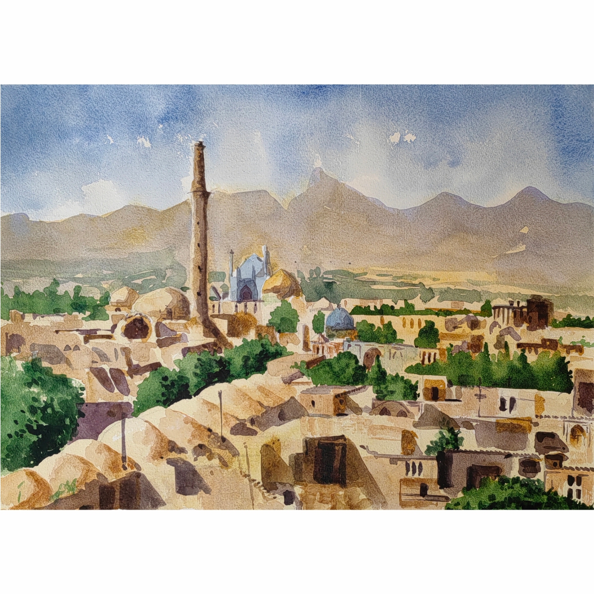 نقاشی آبرنگ طرح نمای شهر یزد کد 1039