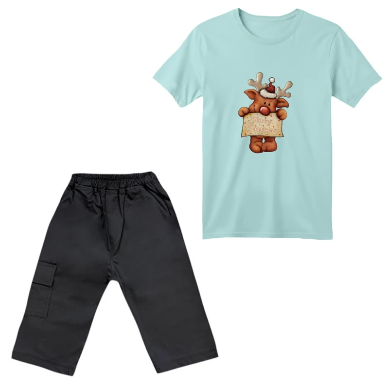 ست تی‌شرت آستین کوتاه و شلوارک پسرانه مدل کریسمسی کد 014