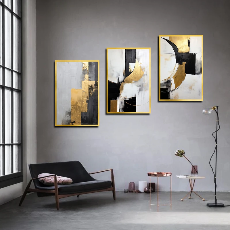 تابلو بکلیت طرح نقاشی انتزاعی مدل T-3386 فریم طلایی مجموعه 3 عددی