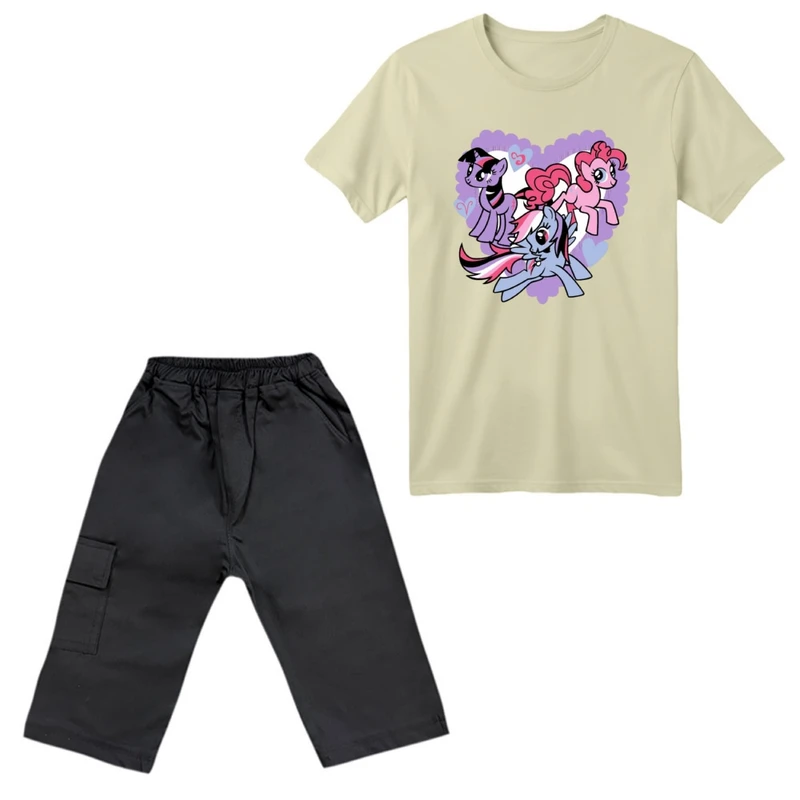 ست تی‌شرت آستین کوتاه و شلوارک دخترانه مدل پونی کد 2