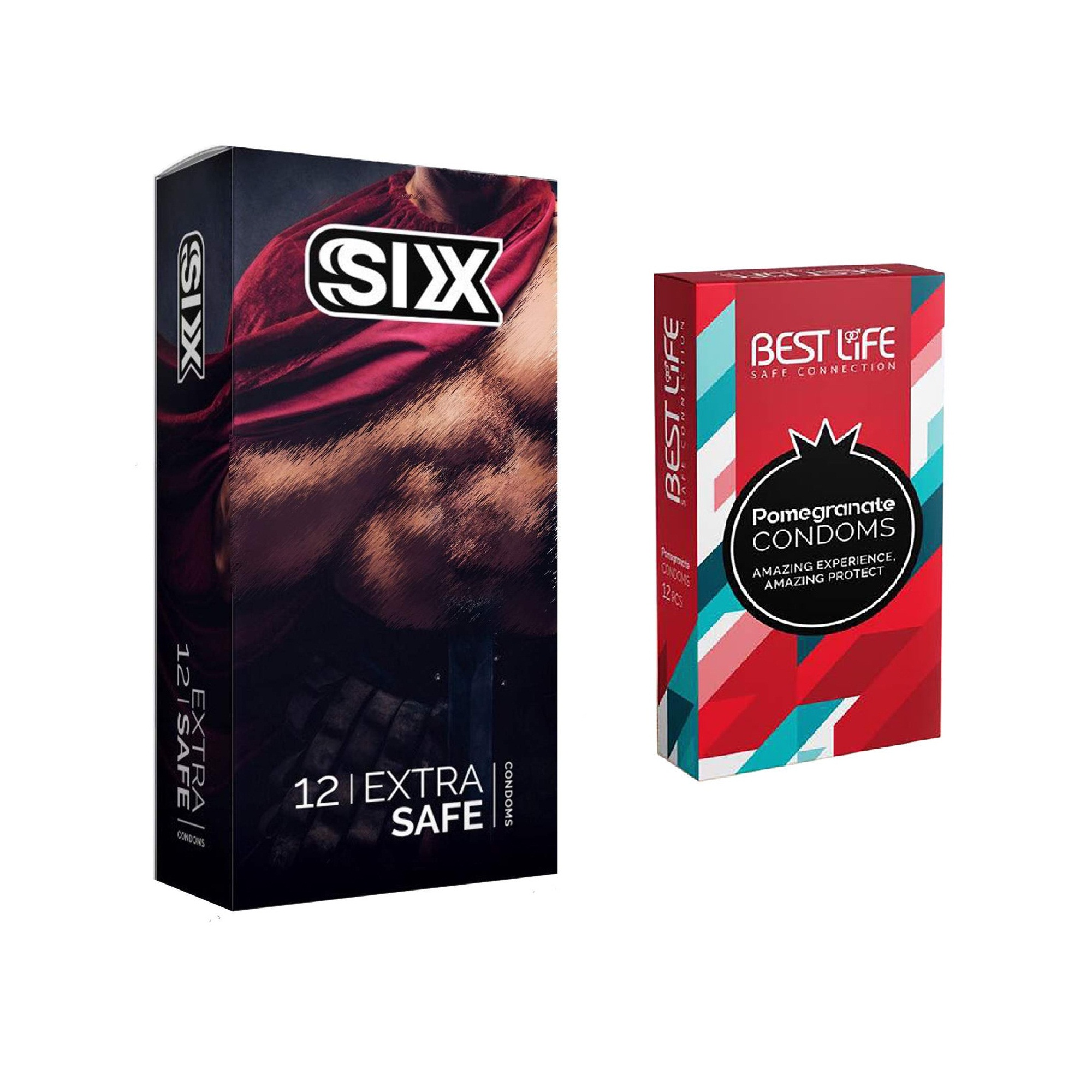 کاندوم سیکس مدل Max Safety بسته 12 عددی به همراه کاندوم بست لایف مدل Pomegranate بسته 12 عددی