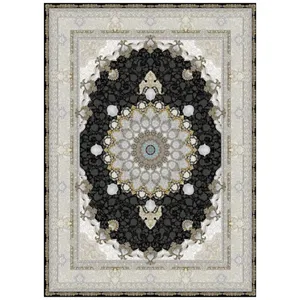 فرش ماشینی 1200 شانه زمینه سرمه‌ای حاشیه کرم مدل 1200شانه تراکم 3600 کد 120061