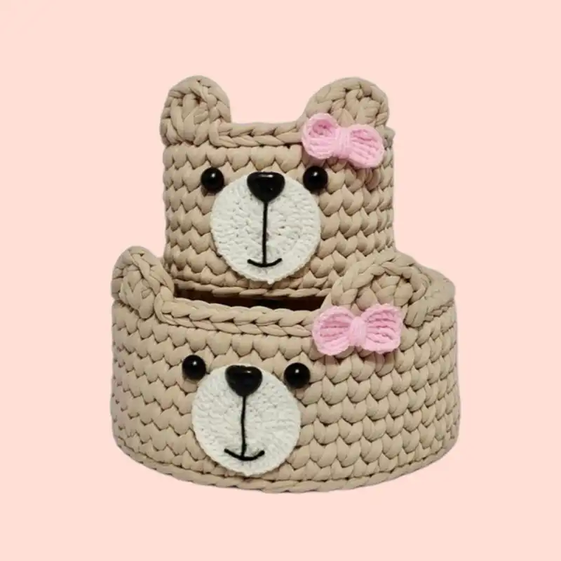 سبد قلاب بافی تریکو طرح خرس دخترانه کد 19 مجموعه 2 عددی
