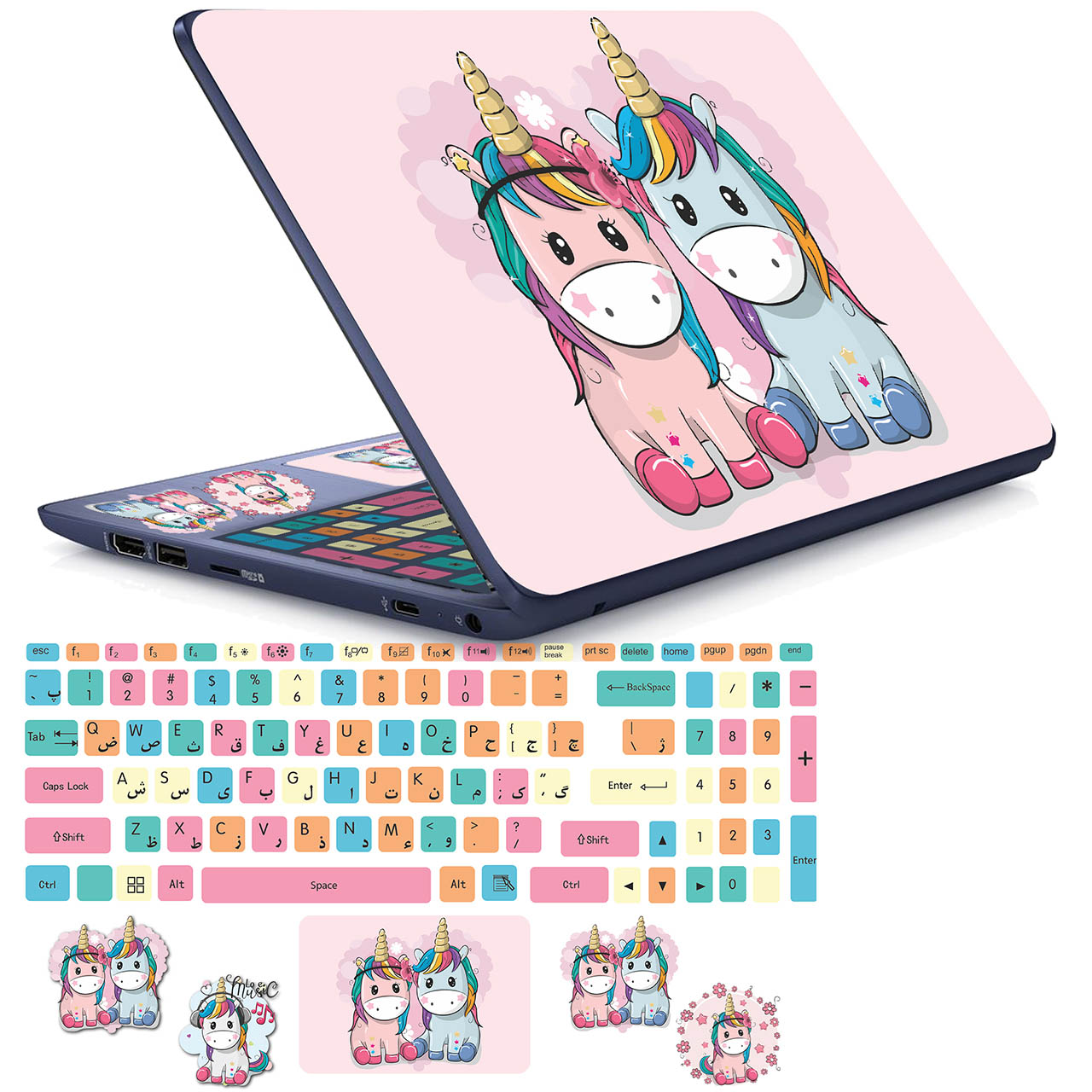 استیکر لپ تاپ مدل cute unicorn 06 مناسب برای لپ تاپ 15 تا 17 اینچ به همراه برچسب حروف فارسی کیبورد