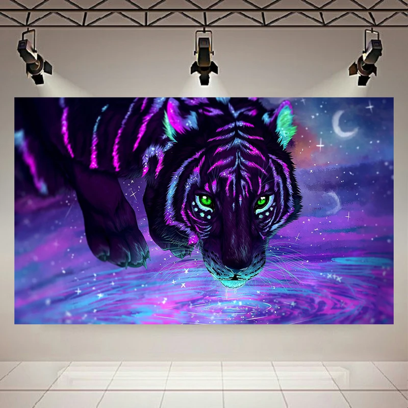 پوستر پارچه ای طرح ببر مدل نئون بنفش کد AR19530