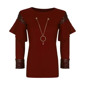 بلوز زنانه مدل 525 آستین پولک رنگ زرشکی