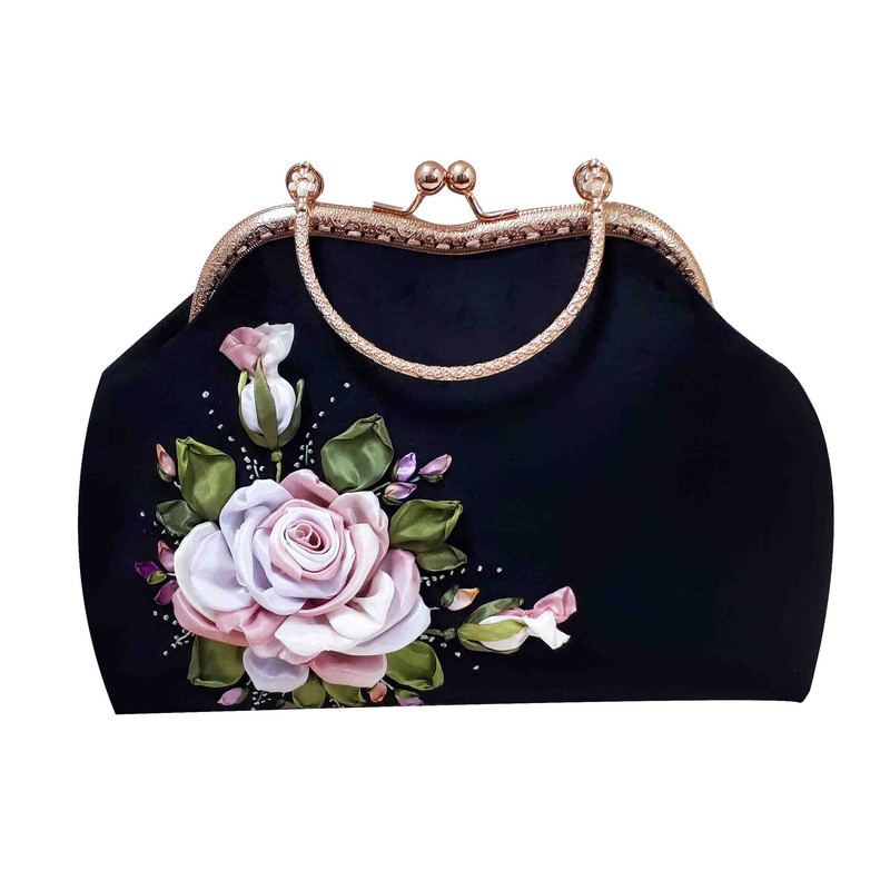 کیف مجلسی زنانه مدل روباندوزی تک گل