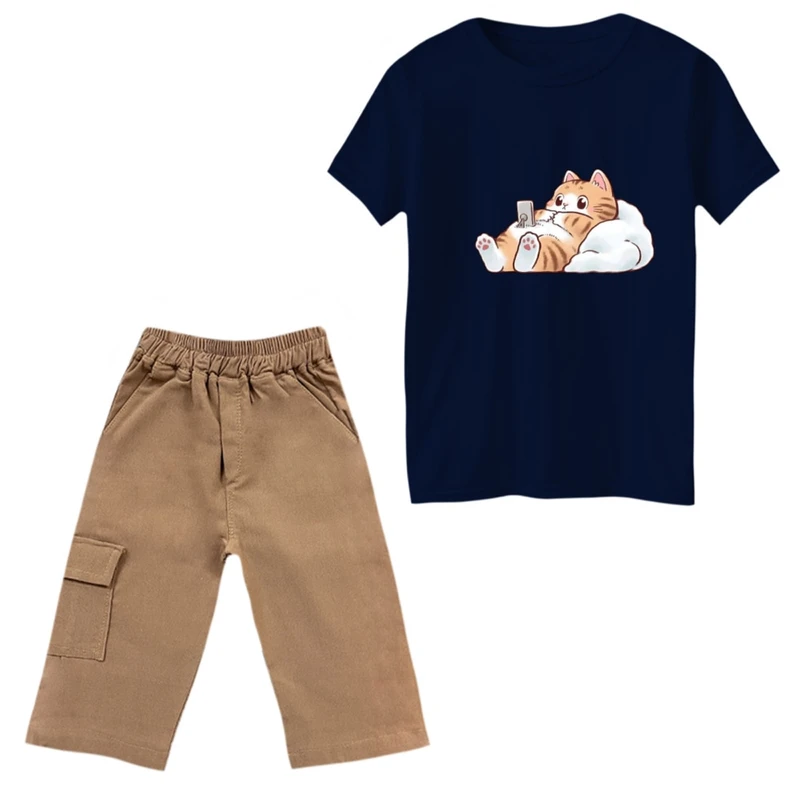 ست تی‌شرت و شلوارک دخترانه مدل گربه و بالشت