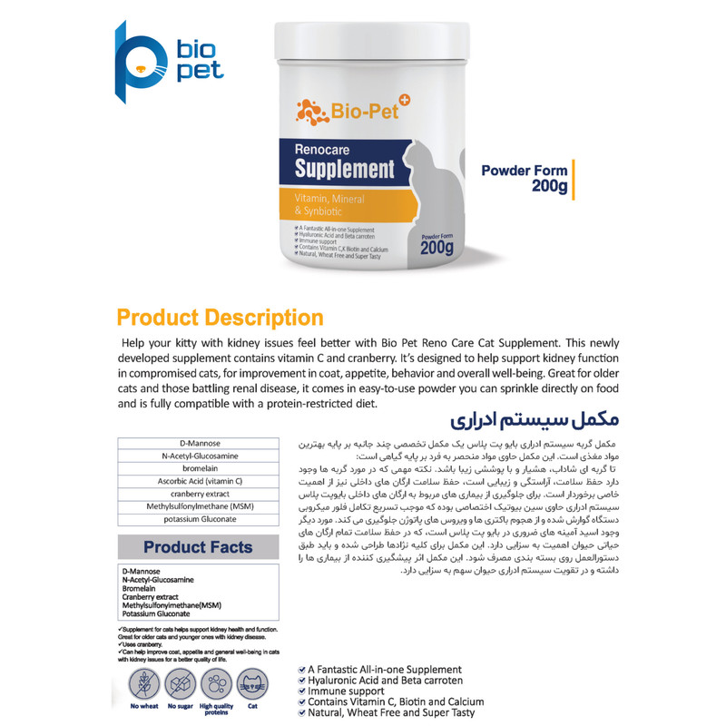 پودر مکمل گربه بایو پت مدل Renocare وزن 200 گرم