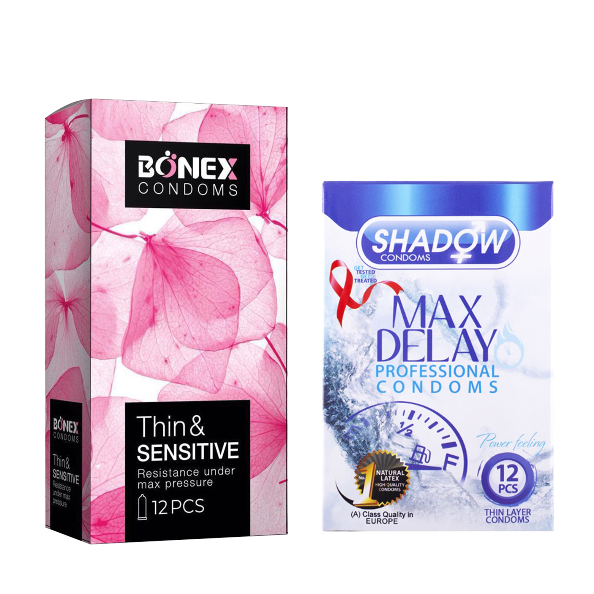 کاندوم بونکس مدل Thin & Sensitive بسته 12 عددی به همراه کاندوم شادو مدل Max Delay بسته 12 عددی
