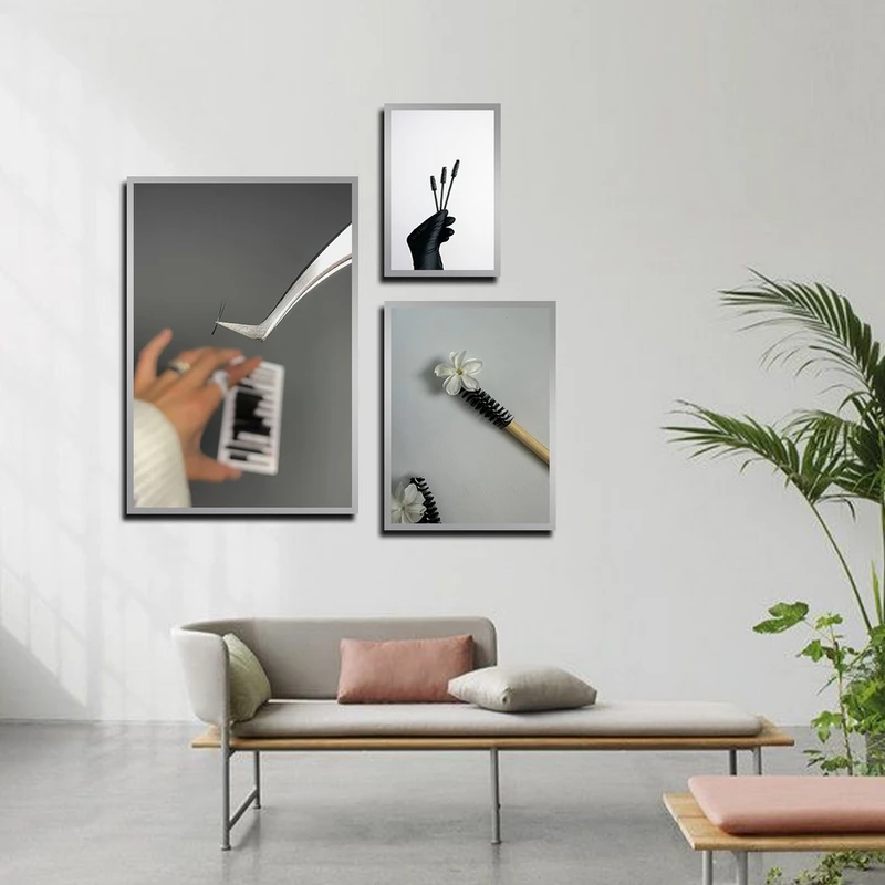 تابلو بکلیت طرح سالن زیبایی و کاشت مژه مدل SI-4056 فریم نقره ای مجموعه 3 عددی