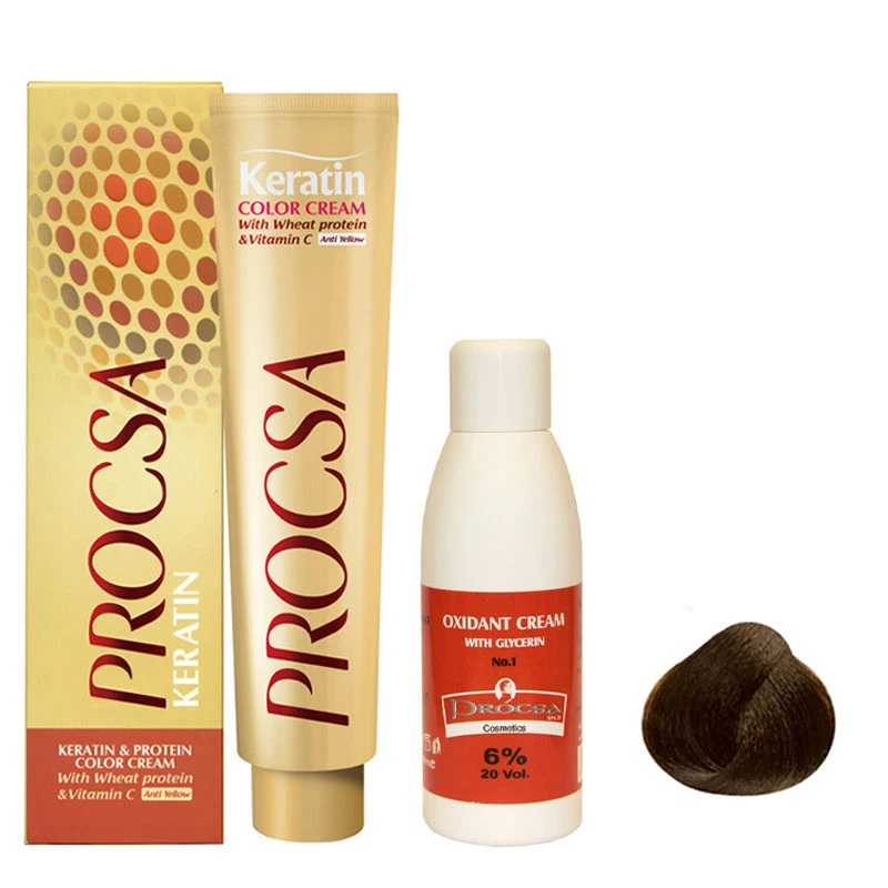 رنگ مو پروکسا سری Gold Mahogany شماره 4.53 حجم 100 میلی لیتر رنگ قهوه ای شکلاتی گرم متوسط به همراه اکسیدان مدل گلیسیرینه شش درصدی حجم 120 میلی لیتر