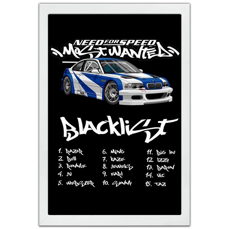 تابلو بکلیت طرح ماشین و خودرو بی ام و BMW M3 GTR NEED FOR SPEED MOST WANTED مدل W-po1880 فریم سفید