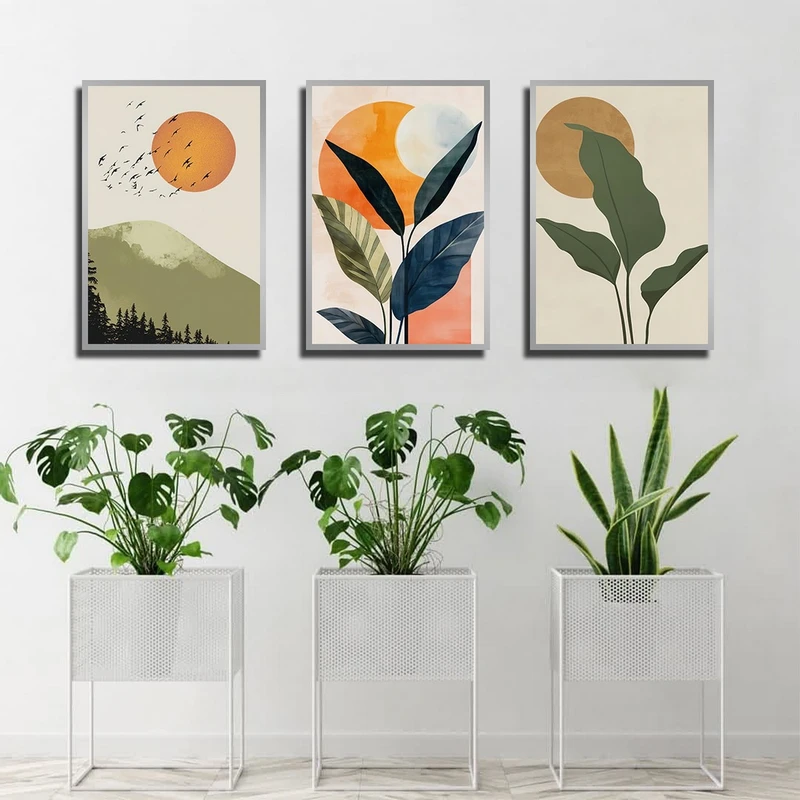 تابلو بکلیت طرح نقاشی برگ و خورشید مدل SI-3864 فریم نقره ای مجموعه 3 عددی