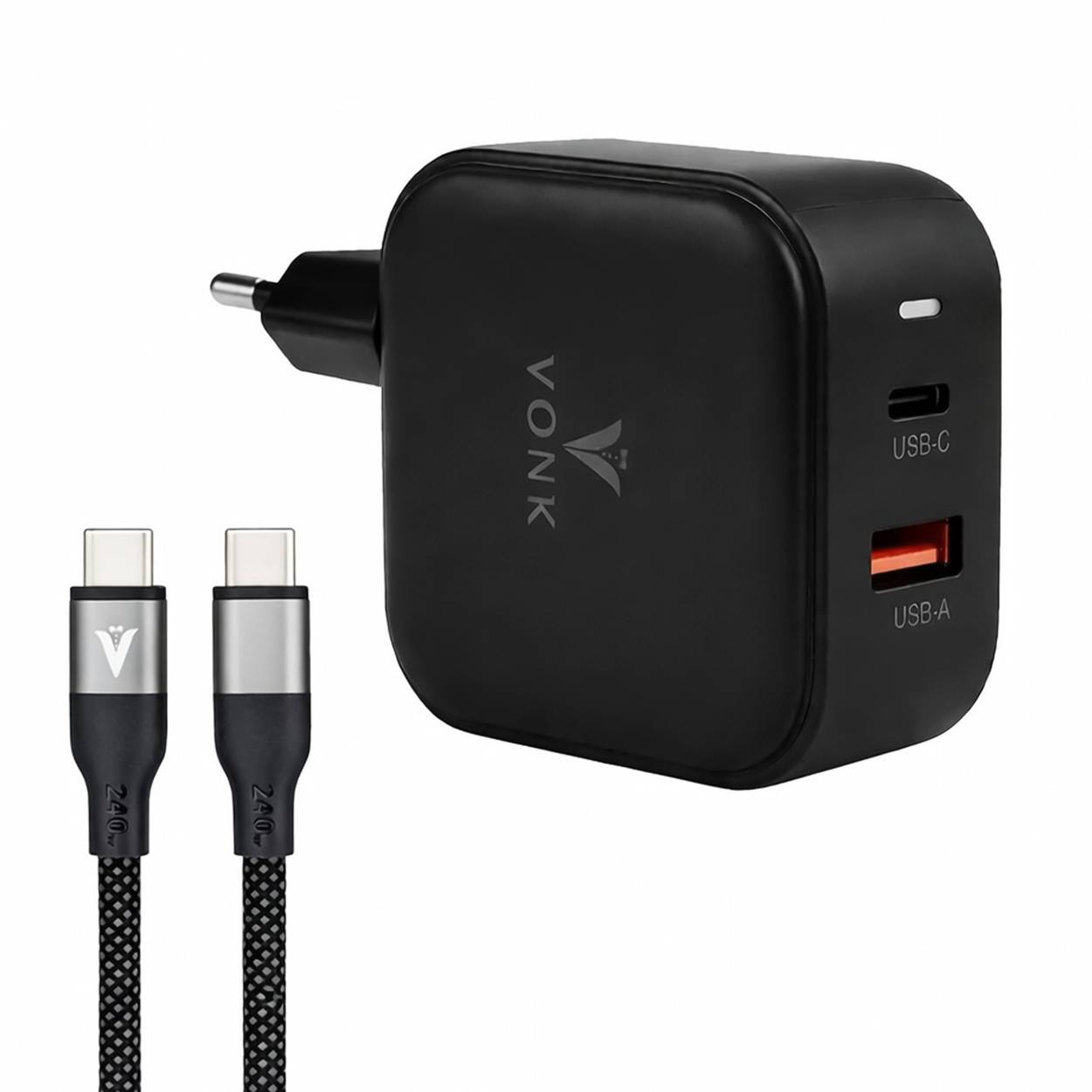 شارژر دیواری 45 وات دو پورت وونک مدل PD‑45W به همراه کابل دو متری USB C 1 شارژر دیواری 45 وات دو پورت وونک مدل PD‑45W به همراه کابل دو متری USB C