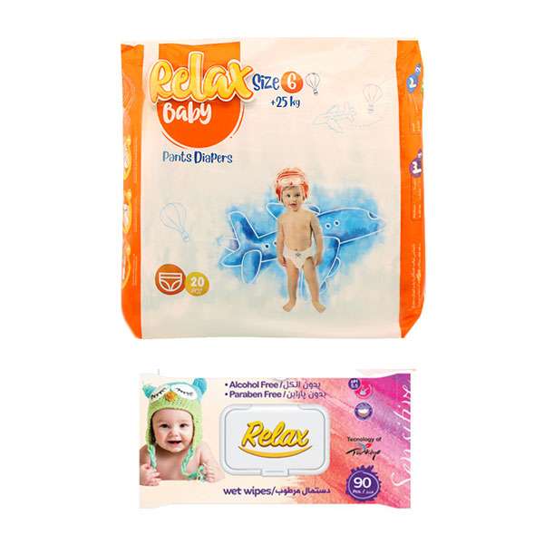 پوشک شورتی کودک ریلکس بیبی سایز 6 بسته 20 عددی به همراه دستمال مرطوب کودک