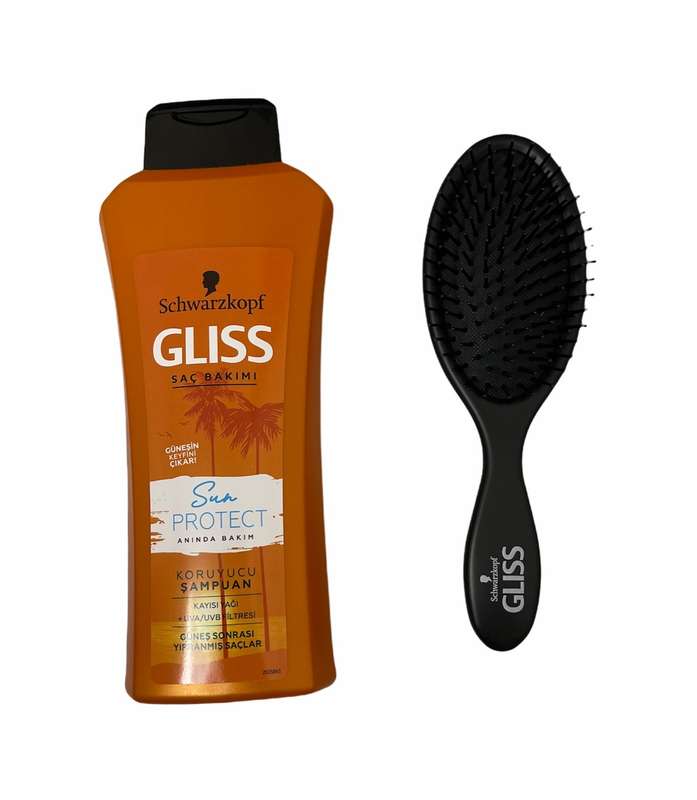 شامپو مو گلیس مدل Sun protect حجم 525 میلی لیتر به همراه برس مو کد 01
