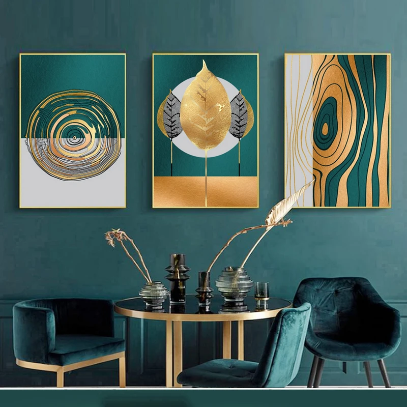 تابلو بکلیت طرح مدرن انتزاعی و برگ طلایی مدل T-1907 مجموعه 3 عددی