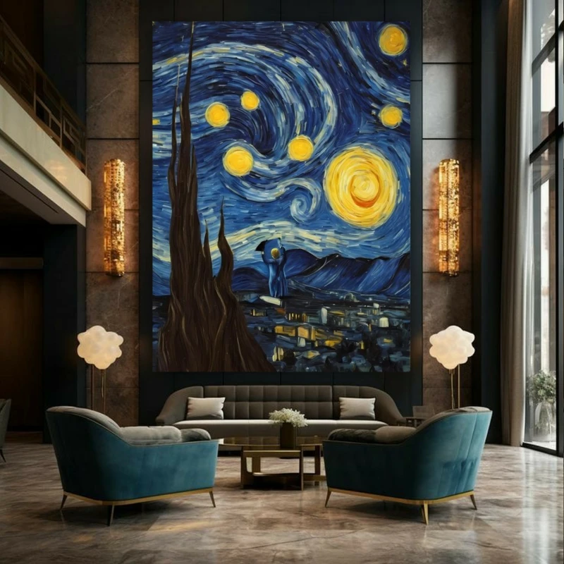  تابلو بوم طرح مخمل نقاشی ونگوک مدل شب پر ستاره آرام کد GR828