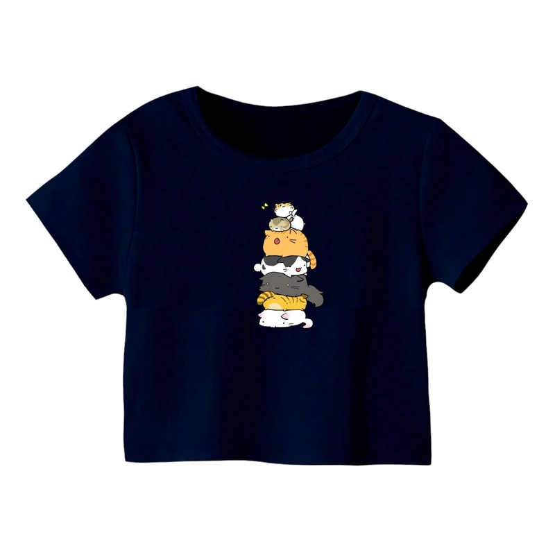 کراپ‌ تی‌شرت آستین کوتاه زنانه مدل گربه کد ۵ رنگ سورمه ای