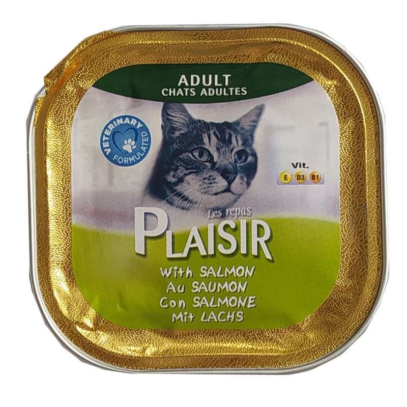 غذای کنسرو گربه بالغ پلازیر مدل گوشت ماهی سالمون وزن 100 گرم