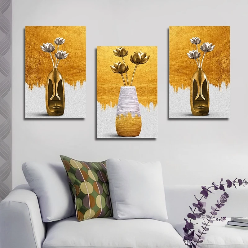 تابلو شاسی بکلیت طرح گلدان و گل طلایی مدل SH-2464 مجموعه 3 عددی