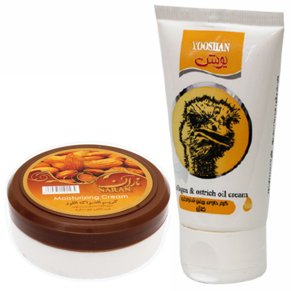کرم مرطوب کننده یوشن مدل شترمرغ حجم 90 میلی لیتر به همراه کرم مرطوب کننده ناران مدل بادام وزن 90 گرم