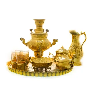 سرویس سماور ذغالی 12 پارچه برنجی مدل عدسی ترک دار کد 4576