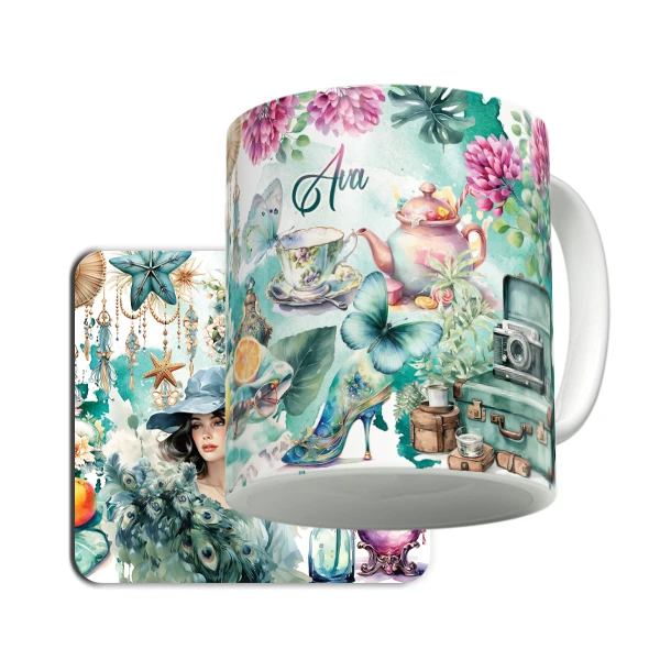 ماگ لاژید مدل اسم آوا طرح نقاشی آبرنگ به همراه زیر لیوانی